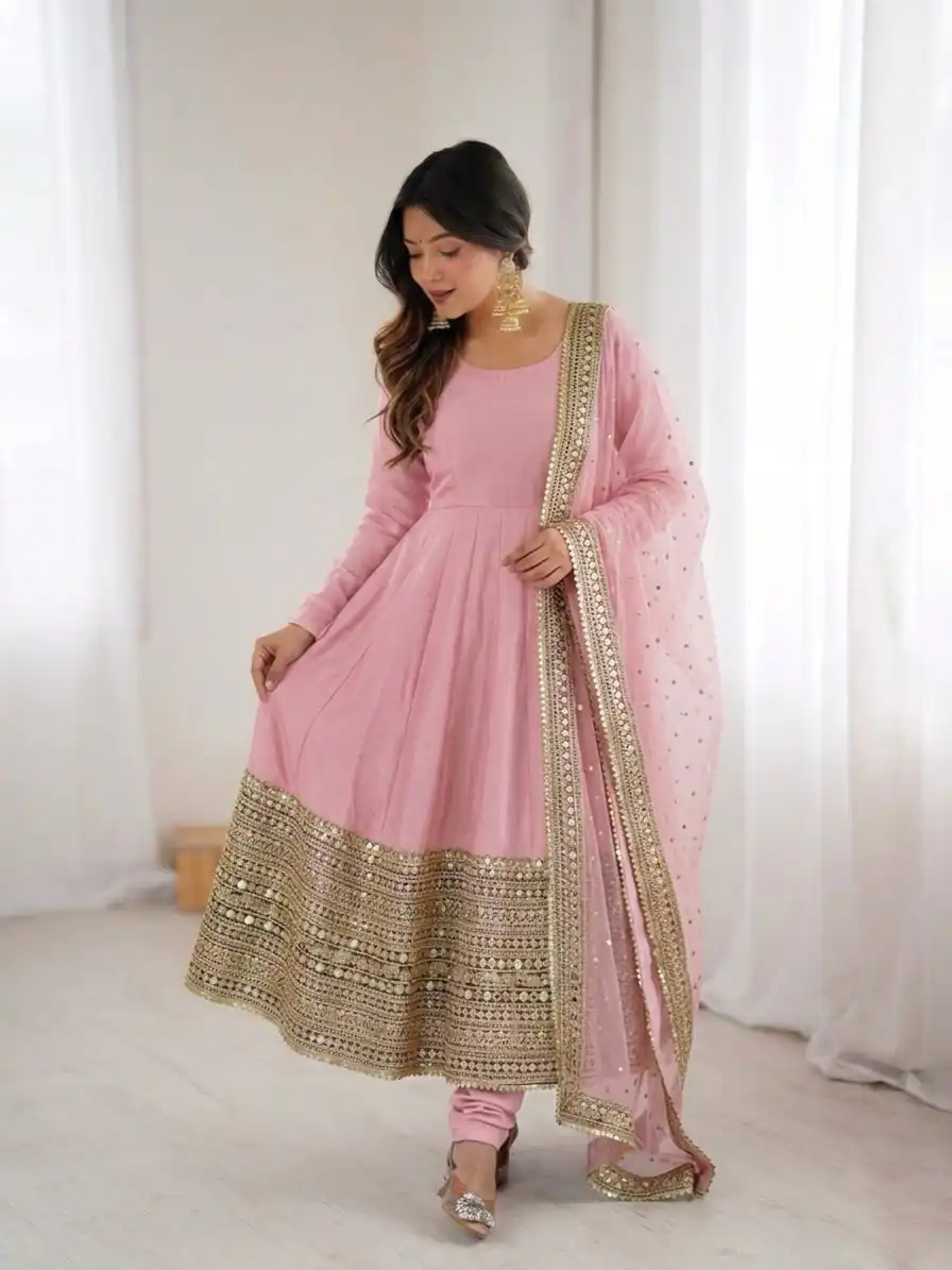 ZSR 3152 Pink Color Roman silk Gown with Embroidery Work & Lace Work. Grab it for ₹2599. Delivery 4-6 Working Days. Shop now. | Bollywood Gowns, Creative Gowns, Designer Gowns, Embroidered Gowns, Gowns, Party Wear Gowns