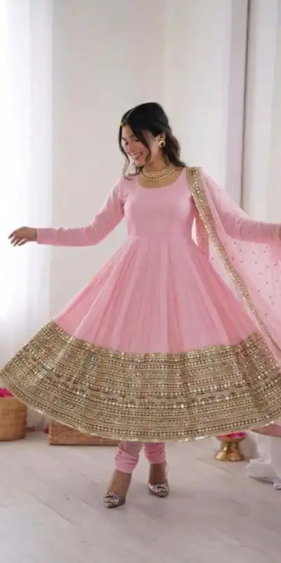 ZSR 3152 Pink Color Roman silk Gown with Embroidery Work & Lace Work. Grab it for ₹2599. Delivery 4-6 Working Days. Shop now. | Bollywood Gowns, Creative Gowns, Designer Gowns, Embroidered Gowns, Gowns, Party Wear Gowns