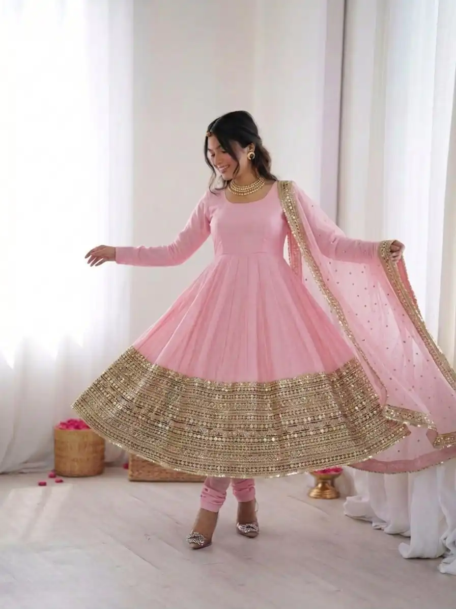 ZSR 3152 Pink Color Roman silk Gown with Embroidery Work & Lace Work. Grab it for ₹2599. Delivery 4-6 Working Days. Shop now. | Bollywood Gowns, Creative Gowns, Designer Gowns, Embroidered Gowns, Gowns, Party Wear Gowns