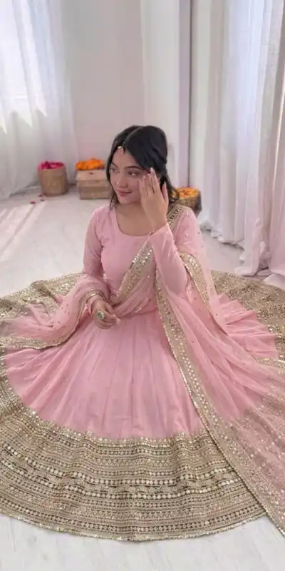 ZSR 3152 Pink Color Roman silk Gown with Embroidery Work & Lace Work. Grab it for ₹2599. Delivery 4-6 Working Days. Shop now. | Bollywood Gowns, Creative Gowns, Designer Gowns, Embroidered Gowns, Gowns, Party Wear Gowns
