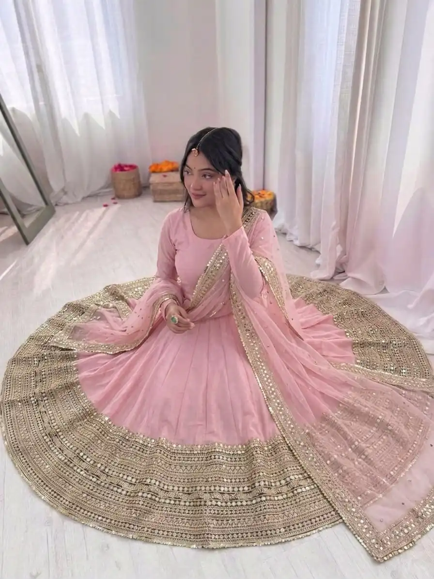 ZSR 3152 Pink Color Roman silk Gown with Embroidery Work & Lace Work. Grab it for ₹2599. Delivery 4-6 Working Days. Shop now. | Bollywood Gowns, Creative Gowns, Designer Gowns, Embroidered Gowns, Gowns, Party Wear Gowns