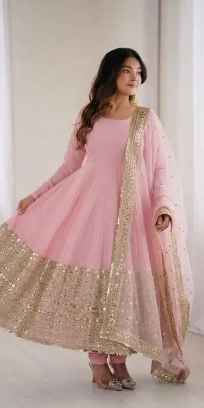 ZSR 3152 Pink Color Roman silk Gown with Embroidery Work & Lace Work. Grab it for ₹2599. Delivery 4-6 Working Days. Shop now. | Bollywood Gowns, Creative Gowns, Designer Gowns, Embroidered Gowns, Gowns, Party Wear Gowns