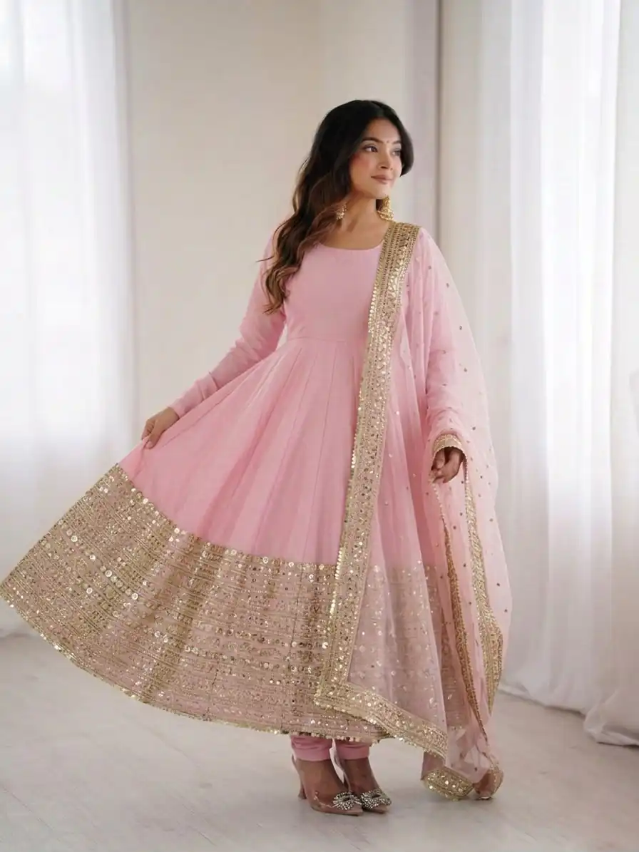 ZSR 3152 Pink Color Roman silk Gown with Embroidery Work & Lace Work. Grab it for ₹2599. Delivery 4-6 Working Days. Shop now. | Bollywood Gowns, Creative Gowns, Designer Gowns, Embroidered Gowns, Gowns, Party Wear Gowns