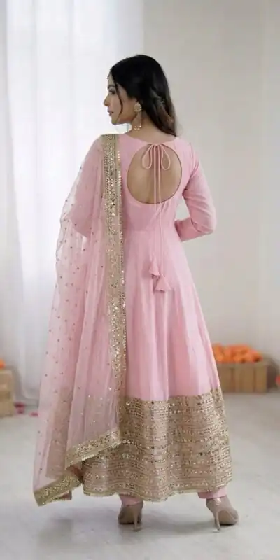 ZSR 3152 Pink Color Roman silk Gown with Embroidery Work & Lace Work. Grab it for ₹2599. Delivery 4-6 Working Days. Shop now. | Bollywood Gowns, Creative Gowns, Designer Gowns, Embroidered Gowns, Gowns, Party Wear Gowns