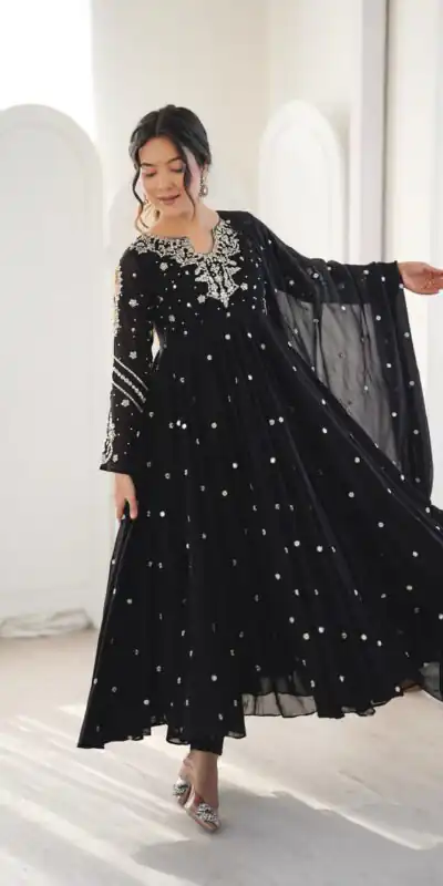 JF 056 Black Faux Georgette Salwar Suit with Mirror Work & Embroidery Work. Get it for ₹2349. Delivery 4-6 Working Days. Shop now. | Casual Suits, Jump Suits, Creative suits, Designer Suits, Palazzo Suits, Party Wear Suits, Patiala Suits, Salwar suit, Straight Suits