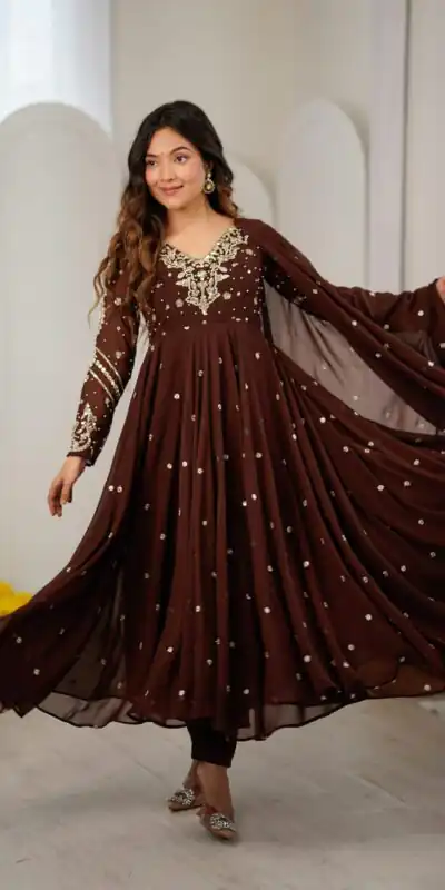 JF 056 Brown Faux Georgette Salwar Suit with Mirror Work & Embroidery Work. Get it for ₹2349. Delivery 4-6 Working Days. Shop now. | Casual Suits, Jump Suits, Creative suits, Designer Suits, Palazzo Suits, Party Wear Suits, Patiala Suits, Salwar suit, Straight Suits