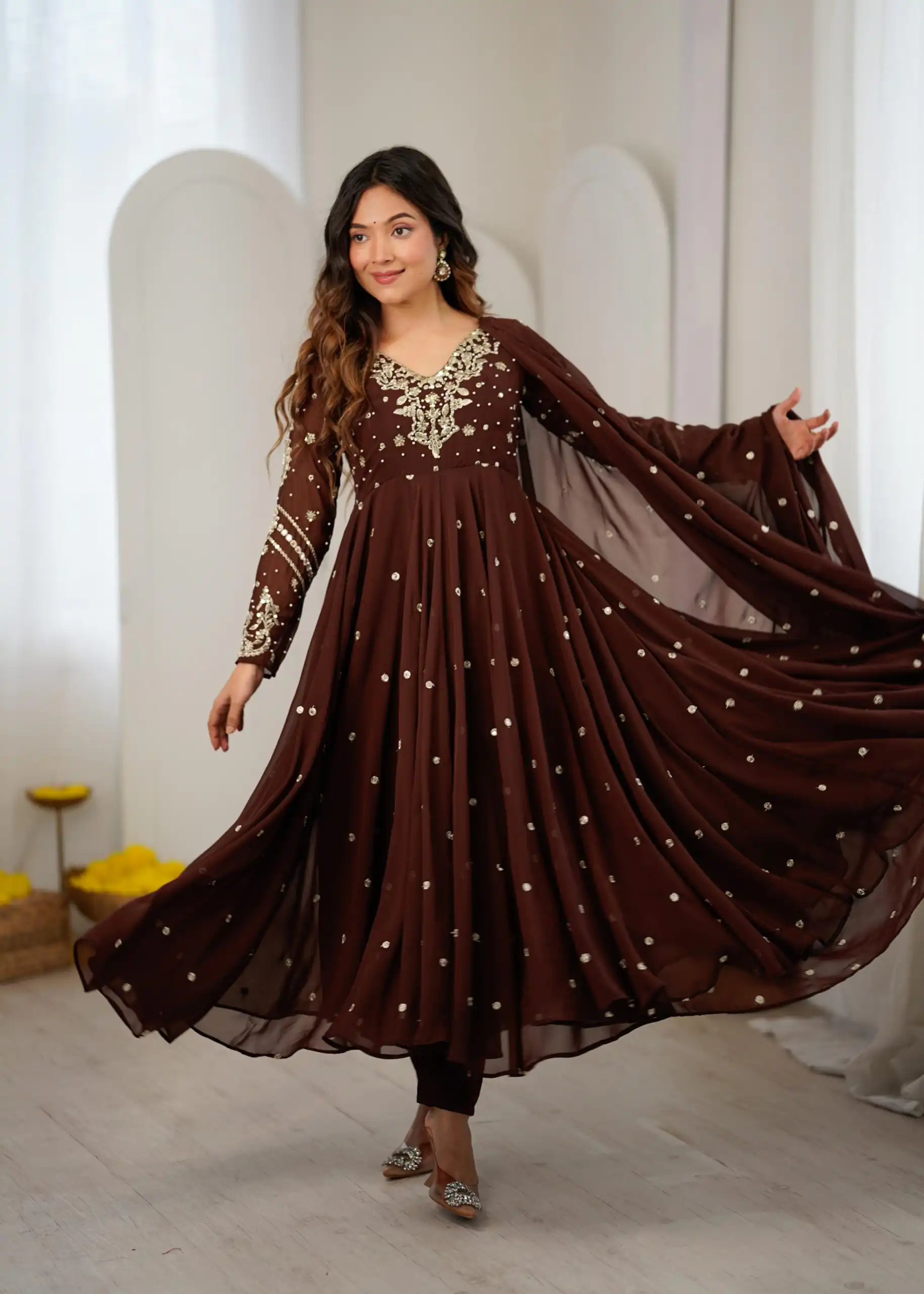 JF 056 Brown Faux Georgette Salwar Suit with Mirror Work & Embroidery Work. Get it for ₹2349. Delivery 4-6 Working Days. Shop now. | Casual Suits, Jump Suits, Creative suits, Designer Suits, Palazzo Suits, Party Wear Suits, Patiala Suits, Salwar suit, Straight Suits
