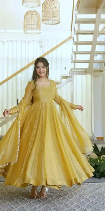 KD 1641 Gold in Salsa Silk Embroidery Work & Sequins Work Gown . Get it for ₹2899. Delivery 4-6 Working Days. Online Shop now. | Bollywood Gowns, Creative Gowns, Designer Gowns, Embroidered Gowns, Gowns, Party Wear Gowns