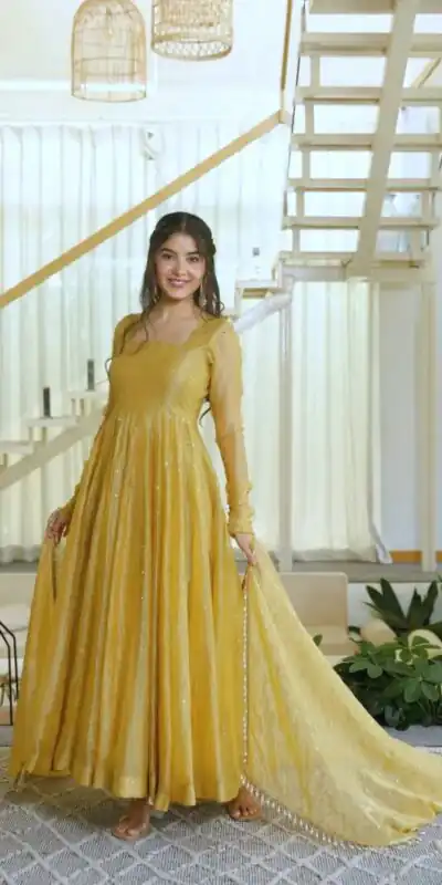 KD 1641 Gold in Salsa Silk Embroidery Work & Sequins Work Gown . Get it for ₹2899. Delivery 4-6 Working Days. Online Shop now. | Bollywood Gowns, Creative Gowns, Designer Gowns, Embroidered Gowns, Gowns, Party Wear Gowns