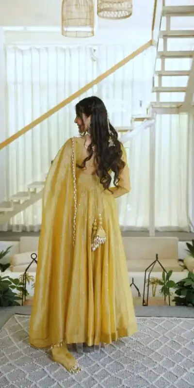 KD 1641 Gold in Salsa Silk Embroidery Work & Sequins Work Gown . Get it for ₹2899. Delivery 4-6 Working Days. Online Shop now. | Bollywood Gowns, Creative Gowns, Designer Gowns, Embroidered Gowns, Gowns, Party Wear Gowns