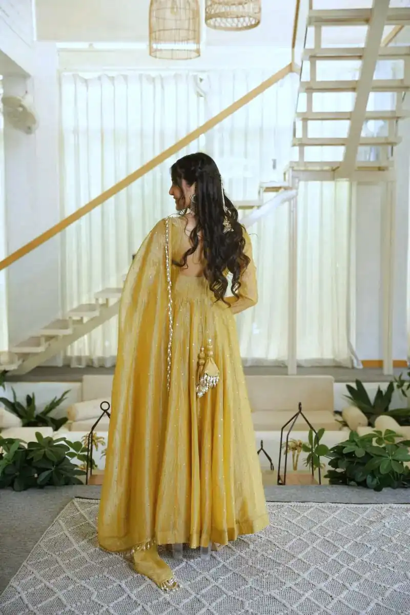 KD 1641 Gold in Salsa Silk Embroidery Work & Sequins Work Gown . Get it for ₹2899. Delivery 4-6 Working Days. Online Shop now. | Bollywood Gowns, Creative Gowns, Designer Gowns, Embroidered Gowns, Gowns, Party Wear Gowns