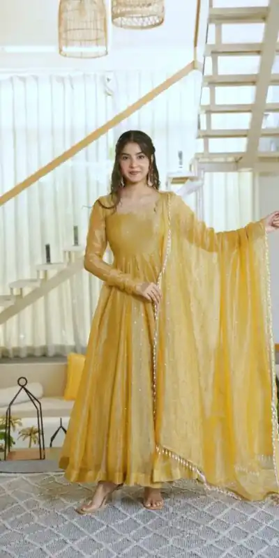 KD 1641 Gold in Salsa Silk Embroidery Work & Sequins Work Gown . Get it for ₹2899. Delivery 4-6 Working Days. Online Shop now. | Bollywood Gowns, Creative Gowns, Designer Gowns, Embroidered Gowns, Gowns, Party Wear Gowns