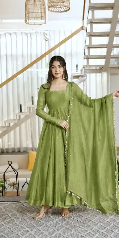 KD 1641 Green in Salsa Silk Embroidery Work & Sequins Work Gown . Get it for ₹2899. Delivery 4-6 Working Days. Online Shop now. | Bollywood Gowns, Creative Gowns, Designer Gowns, Embroidered Gowns, Gowns, Party Wear Gowns