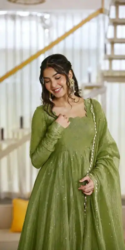 KD 1641 Green in Salsa Silk Embroidery Work & Sequins Work Gown . Get it for ₹2899. Delivery 4-6 Working Days. Online Shop now. | Bollywood Gowns, Creative Gowns, Designer Gowns, Embroidered Gowns, Gowns, Party Wear Gowns