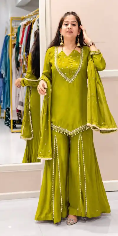 JF 054 Mehendi Color Roman Silk Salwar Suit with Embroidery Work. Available at ₹2399 only. Delivery 4-6 Working Days. Shop now. | Casual Suits, Jump Suits, Creative suits, Designer Suits, Palazzo Suits, Party Wear Suits, Patiala Suits, Salwar suit, Straight Suits