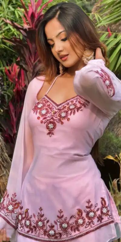 MF 509 Pink Faux Georgette Salwar Suit with Embroidery Work. Available at ₹1999 only. Delivery 4-6 Working Days. Shop now. | Casual Suits, Jump Suits, Tops & Bottoms, Track Suits, Trendy Wear, Creative suits, Designer Suits, Palazzo Suits, Party Wear Suits, Patiala Suits, Salwar suit, Straight Suits