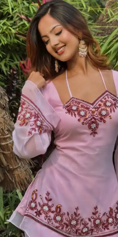 MF 509 Pink Faux Georgette Salwar Suit with Embroidery Work. Available at ₹1999 only. Delivery 4-6 Working Days. Shop now. | Casual Suits, Jump Suits, Tops & Bottoms, Track Suits, Trendy Wear, Creative suits, Designer Suits, Palazzo Suits, Party Wear Suits, Patiala Suits, Salwar suit, Straight Suits
