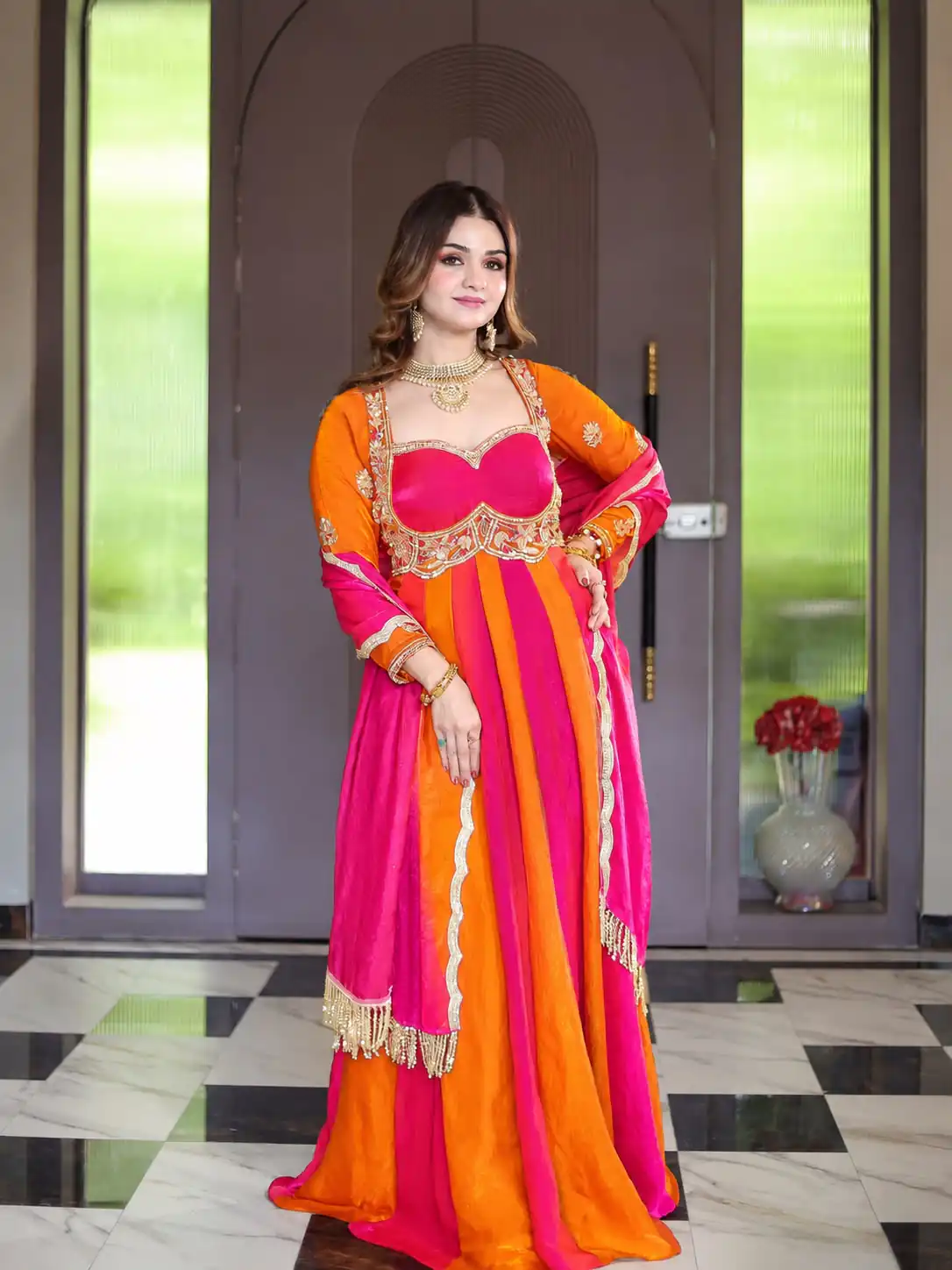 ZD 10025 Pink Fendy Silk Gown with Embroidery Work & Sequins Work. Special Price ₹2399. Delivery 4-6 Working Days. Shop now. | Bollywood Gowns, Creative Gowns, Designer Gowns, Embroidered Gowns, Gowns, Party Wear Gowns