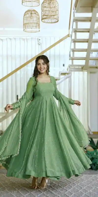KD 1641 Pista in Salsa Silk Embroidery Work & Sequins Work Gown . Get it for ₹2899. Delivery 4-6 Working Days. Online Shop now. | Bollywood Gowns, Creative Gowns, Designer Gowns, Embroidered Gowns, Gowns, Party Wear Gowns