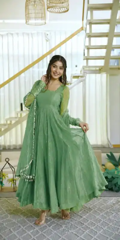 KD 1641 Pista in Salsa Silk Embroidery Work & Sequins Work Gown . Get it for ₹2899. Delivery 4-6 Working Days. Online Shop now. | Bollywood Gowns, Creative Gowns, Designer Gowns, Embroidered Gowns, Gowns, Party Wear Gowns