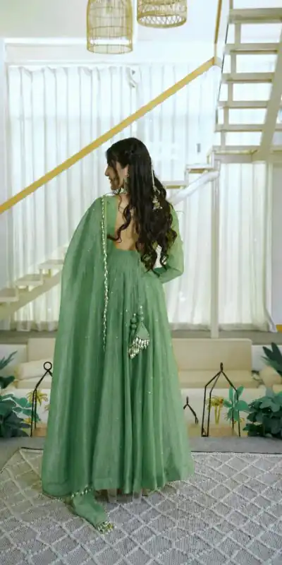 KD 1641 Pista in Salsa Silk Embroidery Work & Sequins Work Gown . Get it for ₹2899. Delivery 4-6 Working Days. Online Shop now. | Bollywood Gowns, Creative Gowns, Designer Gowns, Embroidered Gowns, Gowns, Party Wear Gowns