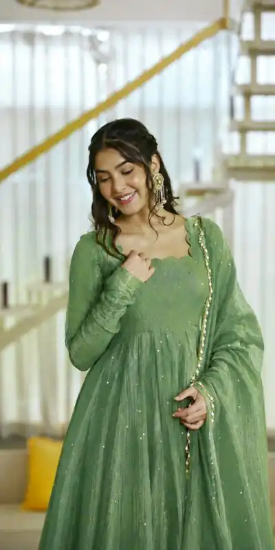 KD 1641 Pista in Salsa Silk Embroidery Work & Sequins Work Gown . Get it for ₹2899. Delivery 4-6 Working Days. Online Shop now. | Bollywood Gowns, Creative Gowns, Designer Gowns, Embroidered Gowns, Gowns, Party Wear Gowns