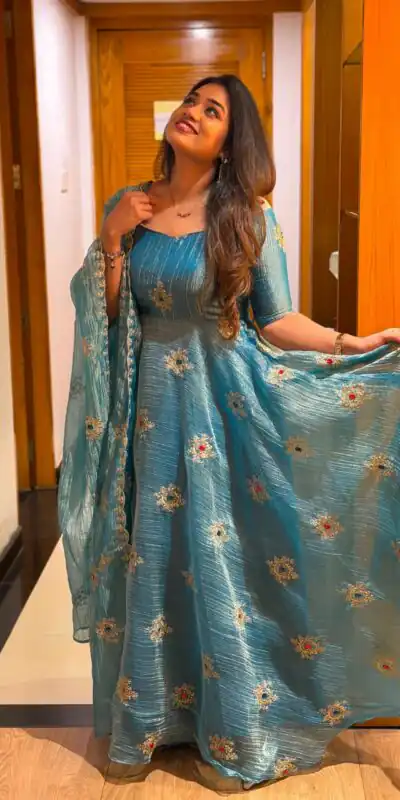 KD 1651 Rama in Salsa Silk Embroidery Work & Sequins Work Gown . Get it for ₹2449. Delivery 4-6 Working Days. Online Shop now. | Bollywood Gowns, Creative Gowns, Designer Gowns, Embroidered Gowns, Gowns, Party Wear Gowns