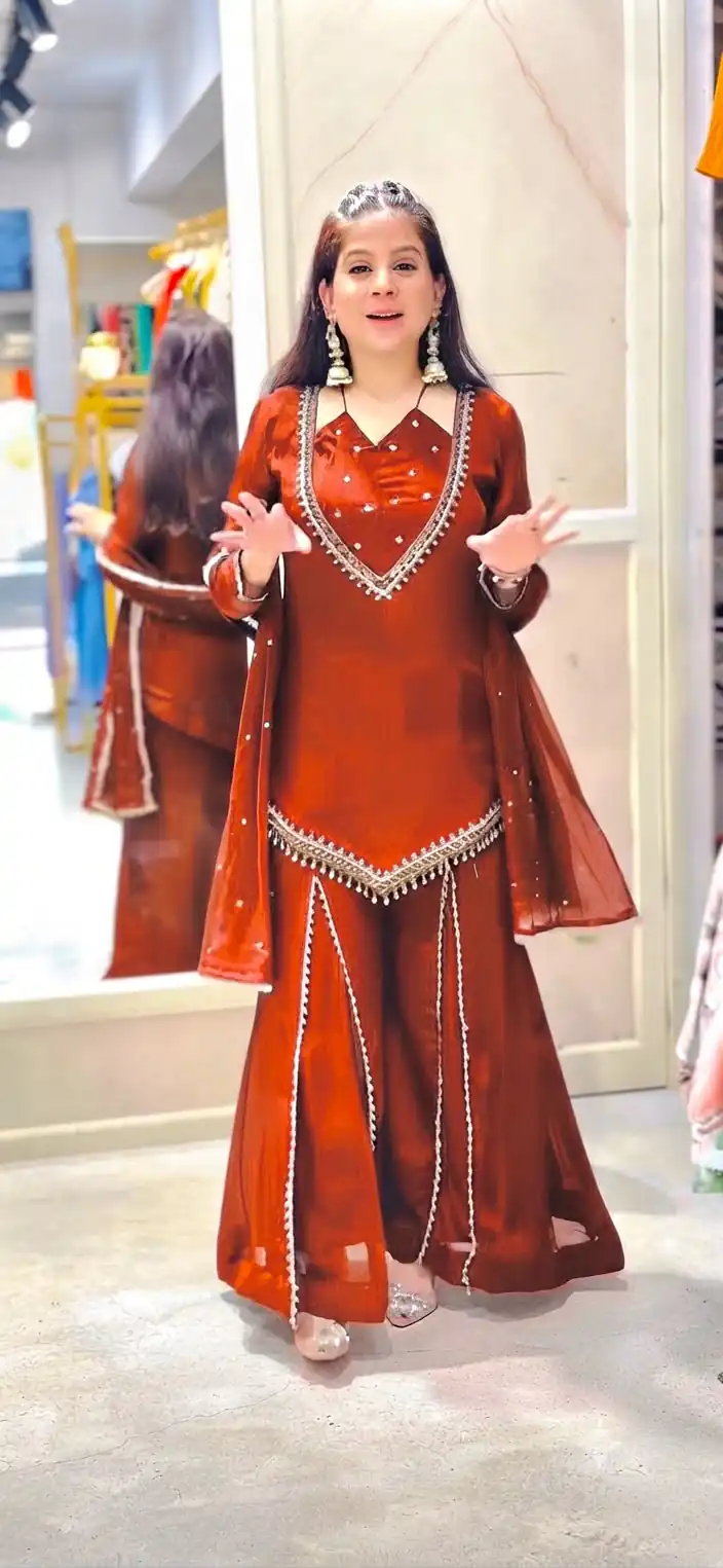 JF 054 Rust Color Roman Silk Salwar Suit with Embroidery Work. Available at ₹2399 only. Delivery 4-6 Working Days. Shop now. | Casual Suits, Jump Suits, Creative suits, Designer Suits, Palazzo Suits, Party Wear Suits, Patiala Suits, Salwar suit, Straight Suits