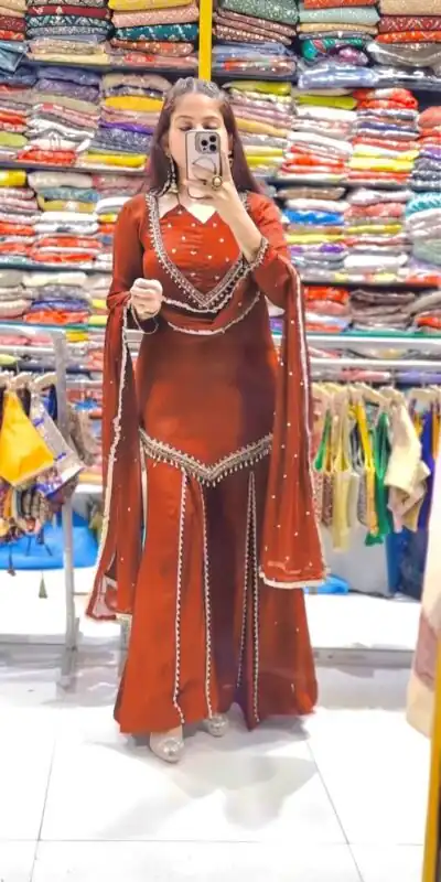 JF 054 Rust Color Roman Silk Salwar Suit with Embroidery Work. Available at ₹2399 only. Delivery 4-6 Working Days. Shop now. | Casual Suits, Jump Suits, Creative suits, Designer Suits, Palazzo Suits, Party Wear Suits, Patiala Suits, Salwar suit, Straight Suits