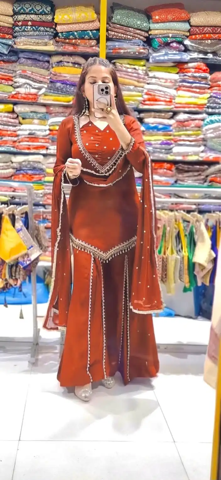 JF 054 Rust Color Roman Silk Salwar Suit with Embroidery Work. Available at ₹2399 only. Delivery 4-6 Working Days. Shop now. | Casual Suits, Jump Suits, Creative suits, Designer Suits, Palazzo Suits, Party Wear Suits, Patiala Suits, Salwar suit, Straight Suits