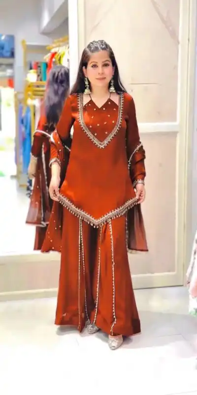 JF 054 Rust Color Roman Silk Salwar Suit with Embroidery Work. Available at ₹2399 only. Delivery 4-6 Working Days. Shop now. | Casual Suits, Jump Suits, Creative suits, Designer Suits, Palazzo Suits, Party Wear Suits, Patiala Suits, Salwar suit, Straight Suits