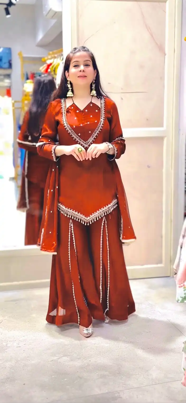 JF 054 Rust Color Roman Silk Salwar Suit with Embroidery Work. Available at ₹2399 only. Delivery 4-6 Working Days. Shop now. | Casual Suits, Jump Suits, Creative suits, Designer Suits, Palazzo Suits, Party Wear Suits, Patiala Suits, Salwar suit, Straight Suits