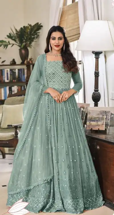 FC 1381 Sea Green Georgette Salwar Suit with Mirror Work & Embroidery Work. Get it for ₹2449. Delivery 4-6 Working Days. Shop now. | Casual Suits, Jump Suits, Creative suits, Designer Suits, Palazzo Suits, Party Wear Suits, Patiala Suits, Salwar suit, Straight Suits