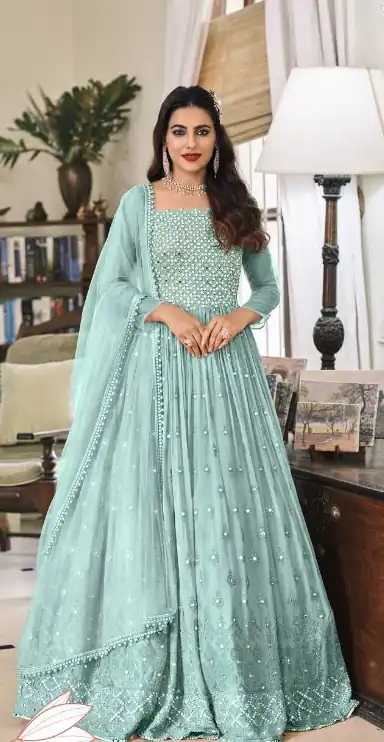 FC 1381 Sky Blue Georgette Salwar Suit with Mirror Work & Embroidery Work. Get it for ₹2449. Delivery 4-6 Working Days. Shop now. | Casual Suits, Jump Suits, Creative suits, Designer Suits, Palazzo Suits, Party Wear Suits, Patiala Suits, Salwar suit, Straight Suits