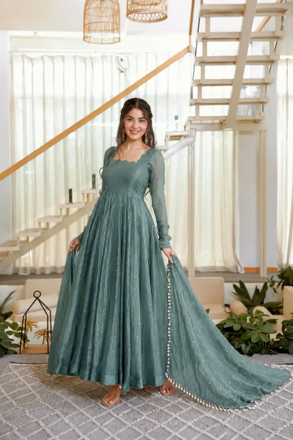 KD 1641 Teal in Salsa Silk Embroidery Work & Sequins Work Gown . Get it for ₹2899. Delivery 4-6 Working Days. Online Shop now. | Bollywood Gowns, Creative Gowns, Designer Gowns, Embroidered Gowns, Gowns, Party Wear Gowns