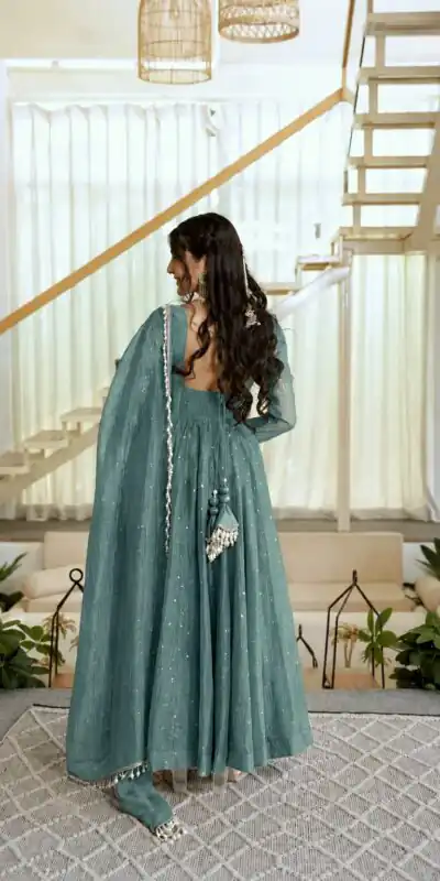 KD 1641 Teal in Salsa Silk Embroidery Work & Sequins Work Gown . Get it for ₹2899. Delivery 4-6 Working Days. Online Shop now. | Bollywood Gowns, Creative Gowns, Designer Gowns, Embroidered Gowns, Gowns, Party Wear Gowns