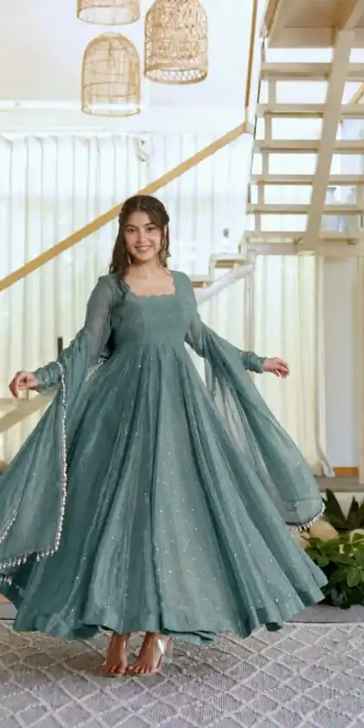 KD 1641 Teal in Salsa Silk Embroidery Work & Sequins Work Gown . Get it for ₹2899. Delivery 4-6 Working Days. Online Shop now. | Bollywood Gowns, Creative Gowns, Designer Gowns, Embroidered Gowns, Gowns, Party Wear Gowns