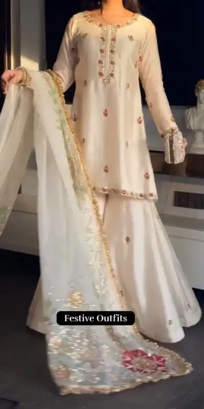 ST 1204 White Faux Georgette Salwar Suit with Embroidery Work. Available at ₹2249 only. Delivery 4-6 Working Days. Shop now. | Casual Suits, Jump Suits, Tops & Bottoms, Track Suits, Trendy Wear, Creative suits, Designer Suits, Palazzo Suits, Party Wear Suits, Patiala Suits, Salwar suit, Straight Suits