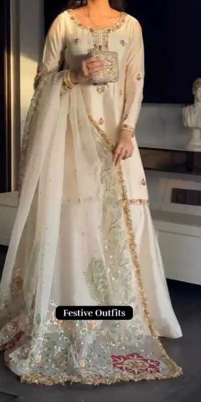 ST 1204 White Faux Georgette Salwar Suit with Embroidery Work. Available at ₹2249 only. Delivery 4-6 Working Days. Shop now. | Casual Suits, Jump Suits, Tops & Bottoms, Track Suits, Trendy Wear, Creative suits, Designer Suits, Palazzo Suits, Party Wear Suits, Patiala Suits, Salwar suit, Straight Suits