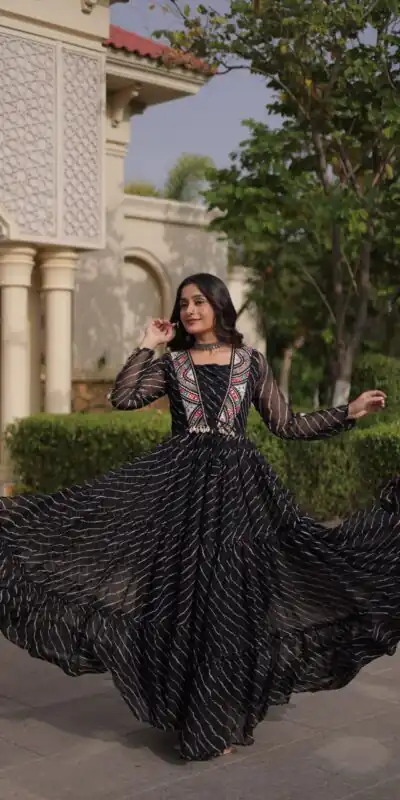 KA 1274 Black in Colour Faux Georgette Bandhani Print Work Gown. Available at ₹2019 only. Delivery 4-6 Working Days. Shop now. | Bollywood Gowns, Creative Gowns, Designer Gowns, Embroidered Gowns, Gowns, Party Wear Gowns