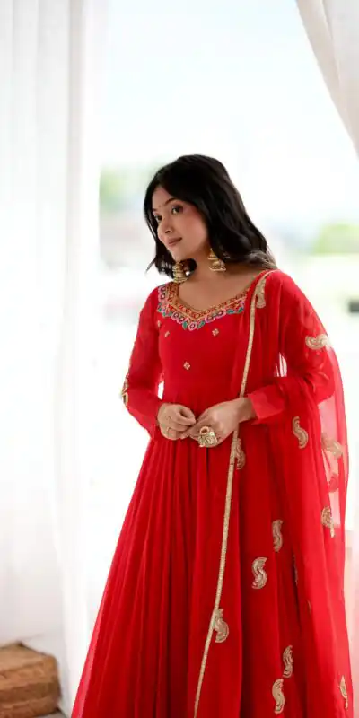 SRK 5363 Red Faux Georgette Gown with Sequins Work & Embroidery Work. Affordable Price ₹2099. Delivery 4-6 Working Days. Shop now. | Bollywood Gowns, Creative Gowns, Designer Gowns, Embroidered Gowns, Gowns, Party Wear Gowns