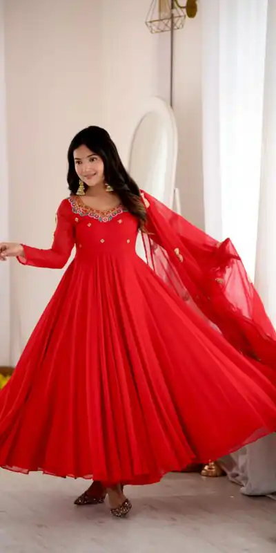 SRK 5363 Red Faux Georgette Gown with Sequins Work & Embroidery Work. Affordable Price ₹2099. Delivery 4-6 Working Days. Shop now. | Bollywood Gowns, Creative Gowns, Designer Gowns, Embroidered Gowns, Gowns, Party Wear Gowns