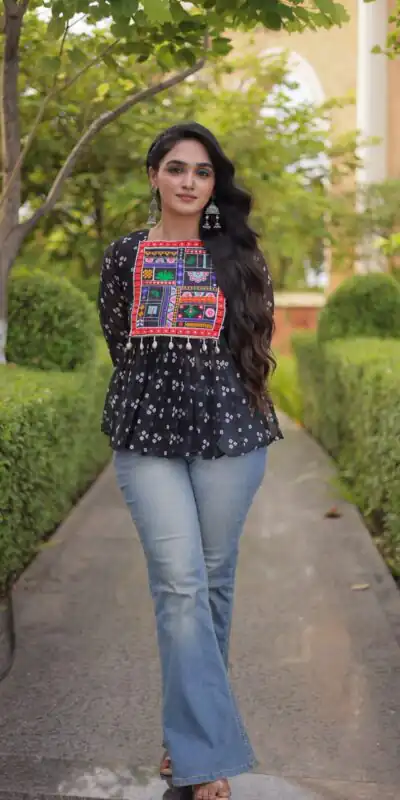 KA 5079 Black Fox Georgette Kurti with Lace Work & Mirror Work. Affordable Price ₹2719. Delivery 4-6 Working Days. Shop now. | Bollywood Kurti, Creative Kurtis, Designer Kurti, Kurti, Party Wear Kurti, Selfie Kurti