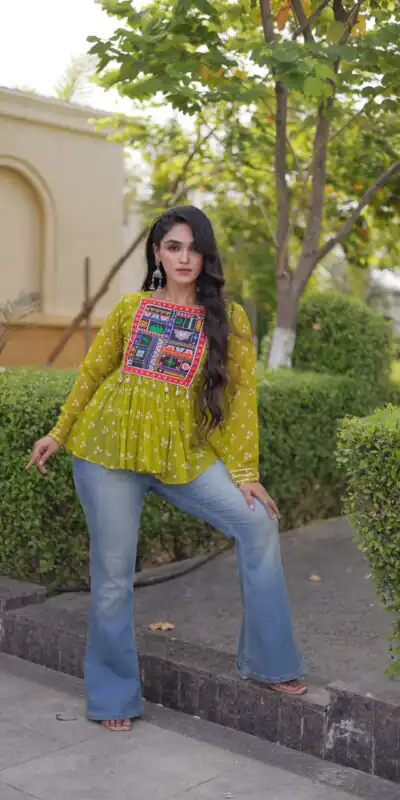KA 5079 Mehandi Fox Georgette Kurti with Lace Work & Mirror Work. Affordable Price ₹2719. Delivery 4-6 Working Days. Shop now. | Bollywood Kurti, Creative Kurtis, Designer Kurti, Kurti, Party Wear Kurti, Selfie Kurti