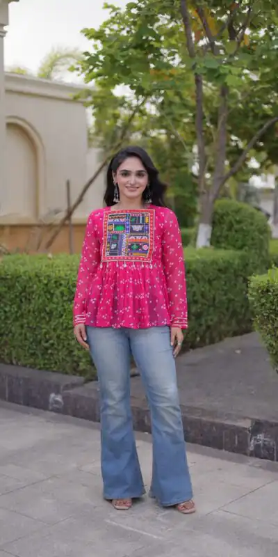 KA 5079 Pink Fox Georgette Kurti with Lace Work & Mirror Work. Affordable Price ₹2719. Delivery 4-6 Working Days. Shop now. | Bollywood Kurti, Creative Kurtis, Designer Kurti, Kurti, Party Wear Kurti, Selfie Kurti