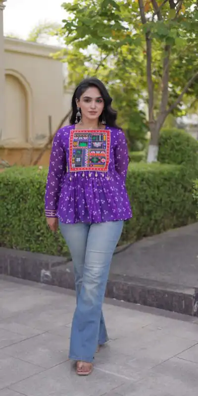 KA 5079 Purple Fox Georgette Kurti with Lace Work & Mirror Work. Affordable Price ₹2719. Delivery 4-6 Working Days. Shop now. | Bollywood Kurti, Creative Kurtis, Designer Kurti, Kurti, Party Wear Kurti, Selfie Kurti