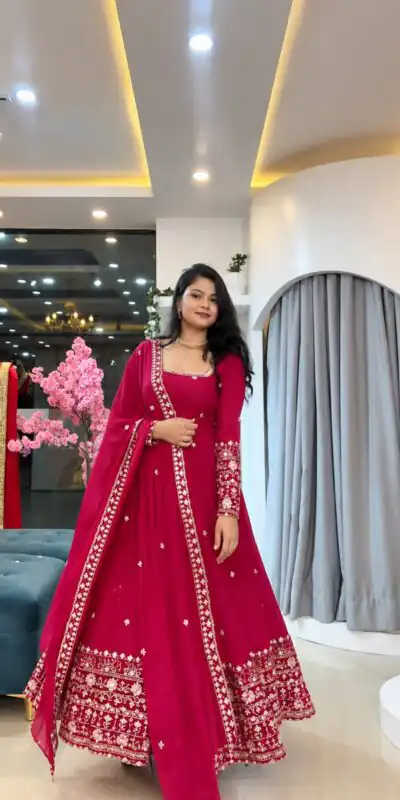 SSR 544 Pink in Crunchy Silk Embroidery Work & Lace Work Gown . Special Price ₹2399. Delivery 4-6 Working Days. Shop now. | Bollywood Gowns, Creative Gowns, Designer Gowns, Embroidered Gowns, Gowns, Party Wear Gowns