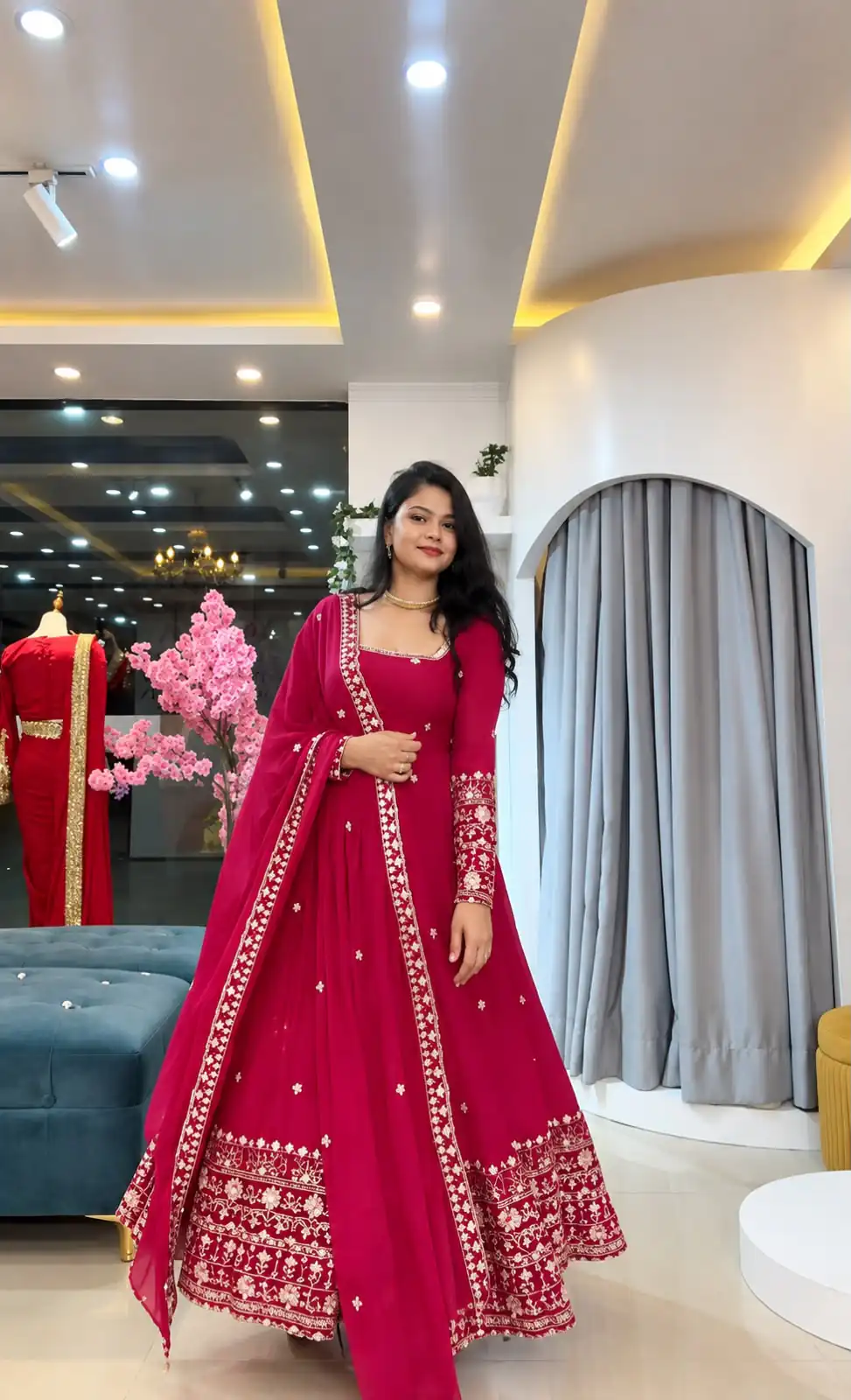 SSR 544 Pink in Crunchy Silk Embroidery Work & Lace Work Gown . Special Price ₹2399. Delivery 4-6 Working Days. Shop now. | Bollywood Gowns, Creative Gowns, Designer Gowns, Embroidered Gowns, Gowns, Party Wear Gowns