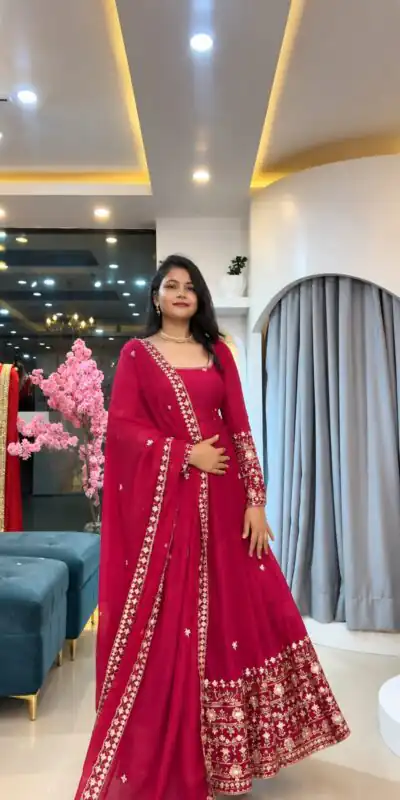 SSR 544 Pink in Crunchy Silk Embroidery Work & Lace Work Gown . Special Price ₹2399. Delivery 4-6 Working Days. Shop now. | Bollywood Gowns, Creative Gowns, Designer Gowns, Embroidered Gowns, Gowns, Party Wear Gowns