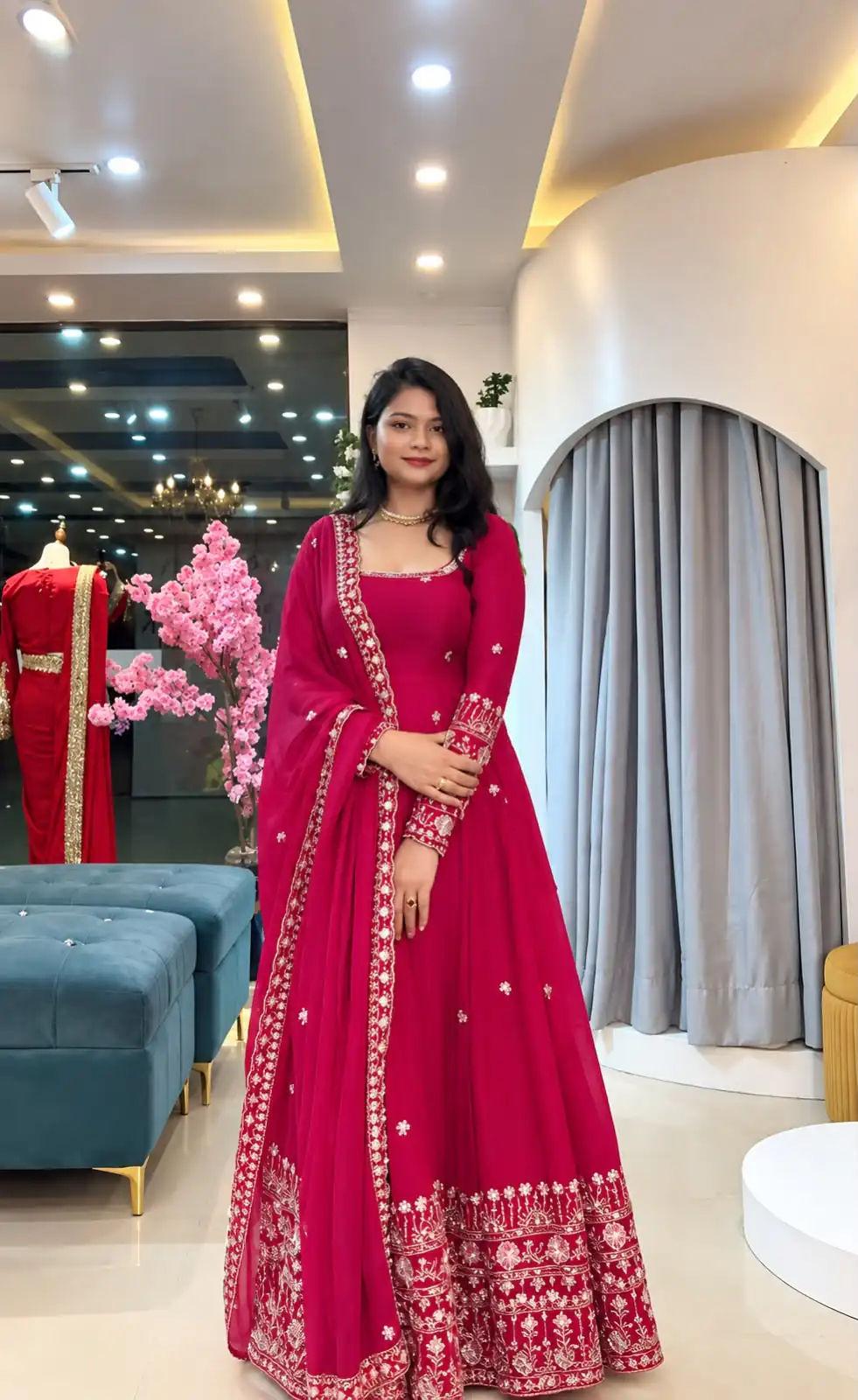 SSR 544 Pink in Crunchy Silk Embroidery Work & Lace Work Gown . Special Price ₹2399. Delivery 4-6 Working Days. Shop now. | Bollywood Gowns, Creative Gowns, Designer Gowns, Embroidered Gowns, Gowns, Party Wear Gowns